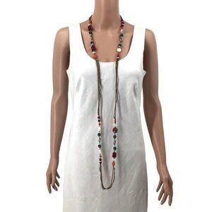 Flapper Length Necklace Red Blue Beaded Gold Tone Chain Brown Leather
